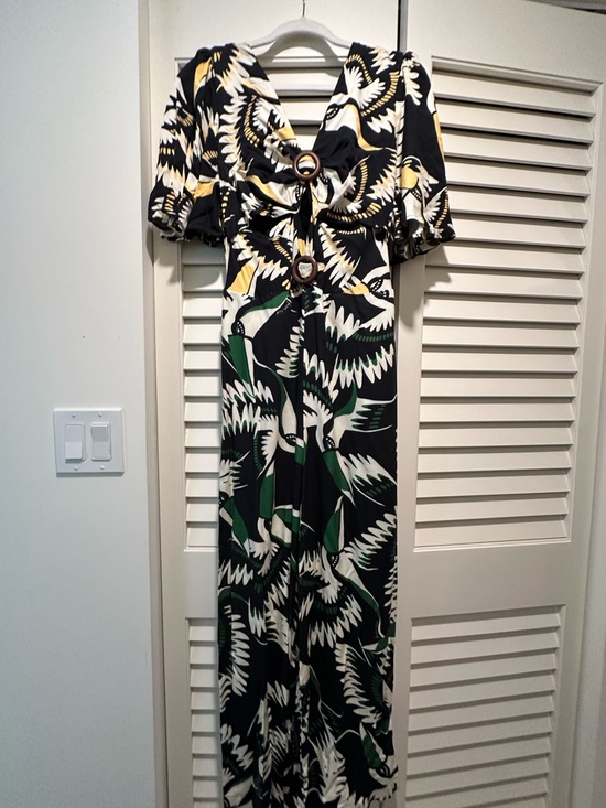FARM Rio Pants - Farm Rio Black, White & Green Printed Jumpsuit with Yellow Accents